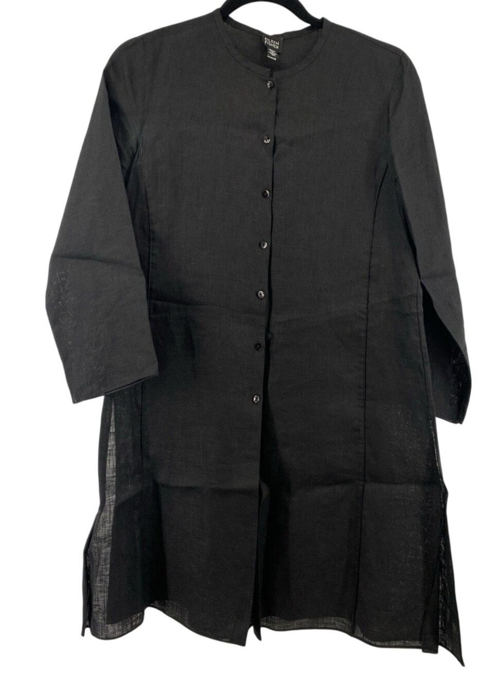 Eileen Fisher Irish Linen Black Womens LS Button Tunic Shirt XS